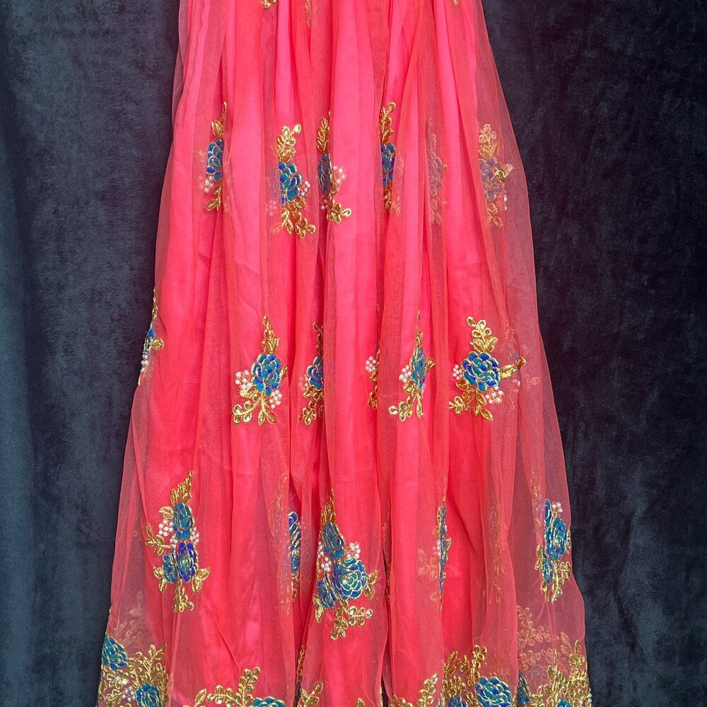 Indian Wear Pink Sheer Embroidered Skirt with Blue Floral & Gold Detailing – For